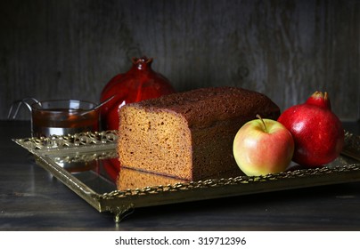 Rosh Hashanah (Jewish New Year). Still Life With Cake Honey Apple And Pomegranate.