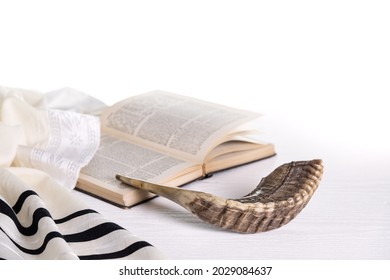 Rosh Hashanah. Yom Kippur. Tallit, Shofar, Torah On A White Background. Isolated