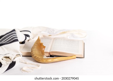 Rosh Hashanah. Yom Kippur. Tallit, Shofar, Torah On A White Background. Isolated