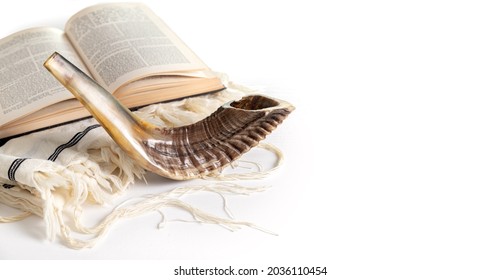 Rosh Hashanah. Yom Kippur. Tallit, Shofar, Torah On A White Background. Isolated