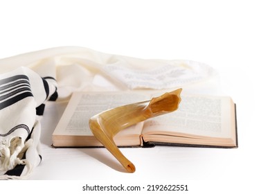 Rosh Hashanah. Yom Kippur. Tallit, Shofar, Torah On A White Background. Isolated