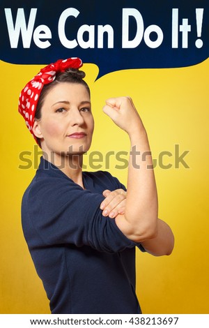 Rosie the Riveter photo with text We can do it! A self-confident woman rolling up her sleeve, perfect tribute to the classic american poster.