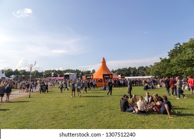 Roskilde, Denmark - June 29, 2016: People on the festival area at Roskilde Festival 2016