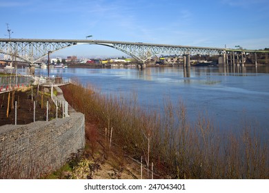 Ross Island Bridge And Willamette River Portland Oregon.