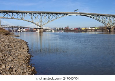 Ross Island Bridge And Willamette River Portland Oregon.