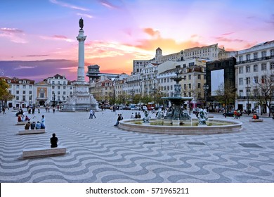 Rossio square in Lisbon Portugal at sunset