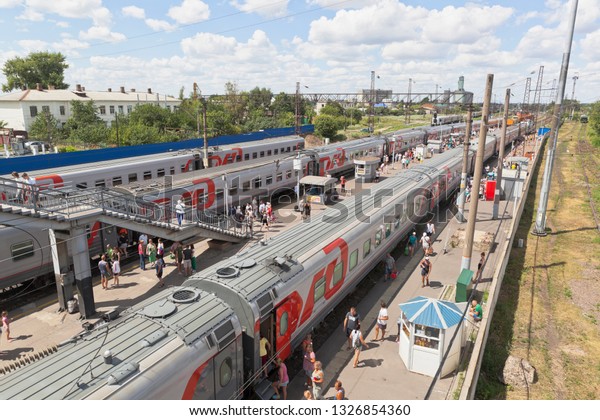 Rossosh, Voronezh region, Russia - July 8, 2018:\
Long-distance passenger trains at the Rossosh railway station of\
the Voronezh region