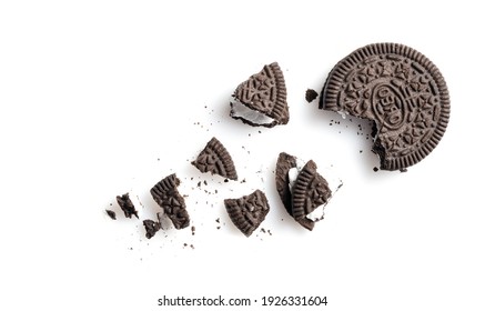 ROSTOV ON DON, RUSSIA-February 25, 2021 - Oreo Cookies With Crumbs On A White Background. This Is A Sandwich Cookie With A Chocolate Cream Filling.