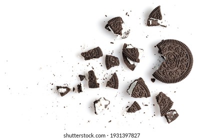 ROSTOV ON DON, RUSSIA-February 25, 2021 - Oreo Cookies With Crumbs On A White Background. This Is A Sandwich Cookie With A Chocolate Cream Filling.