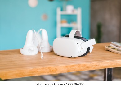 Rostov-on-Don, Russia - 19 February 2021: Oculus Quest 2 virtual reality headset with controllers.