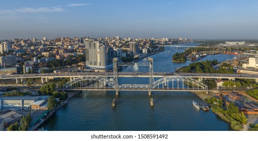 Rostov-on-Don, Russia - 2018: Don River, Temernitsky And Railway Bridges, Cityscape From Above.