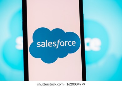 Rostov-on-Don / RUSSIA - January 18 2020: smartphone with salesforce logo on the screen.