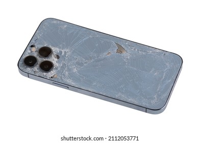 Rostov-on-Don, Russia - January 2022. Apple Iphone Pro broken on a white background. Broken phone back cover.