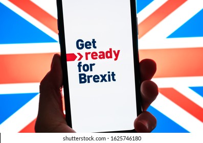 Rostov-on-Don / RUSSIA - January 25 2020: Hand Holds Smartphone With Text. Get Ready For Brexit 