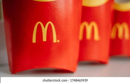 ROSTOV-ON-DON / RUSSIA - May 29 2020: McDonald's logo on company production boxes. Close up