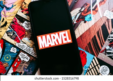 ROSTOV-ON-DON / RUSSIA - October 11 2019: Marvel comics logo on the background of comic pages
