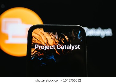 ROSTOV-ON-DON / RUSSIA - October 28 2019: Hand Holding The IPhone With 
Apple Project Catalyst  Logo On The Screen