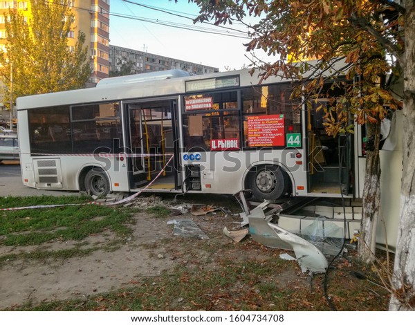 Rostov-on-Don, Russia, October14, 2019: Kroleva\
street, Road accident, accident with a passenger city bus, the bus\
crashed into a\
pole