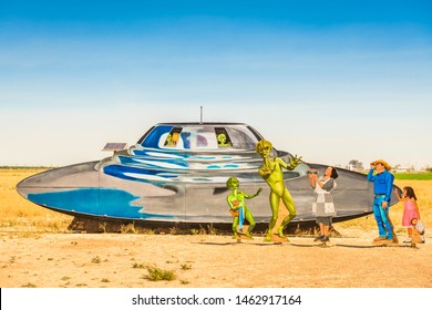 ROSWELL, NEW MEXICO - JUNE 23, 2019: Welcome Sign In Roswell Depicting An Alien Encounter. Roswell Is Known For The Alleged UFO Incident Of 1947.