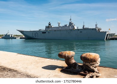 ROTA, SPAIN, SEPTEMBER 15, 2019: The Juan Carlos I Aircraft Carrier And Amphibious Assault Ship Of The Spanish Navy On September 15, 2019 At Naval Station Rota, Spain.