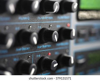 Rotary Encoders Of Synthesizer, Angled Shot With Shallow Depth Of Field