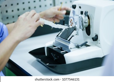 Rotary Microtome Section for diagnosis in pathology make microscope slide histology. Human tissue equipment
