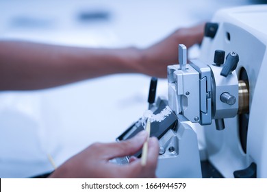 Rotary Microtome Section For Diagnosis In Pathology Make Microscope Slide Histology. Human Tissue Equipment