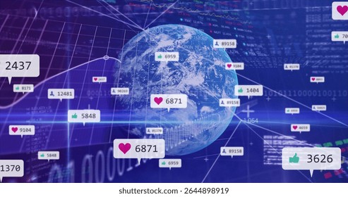 Rotating 3D Earth globe showcasing network dashboard, with binary code and social media pop-ups. Global, technology, futuristic, innovation, data, connectivity, analytics