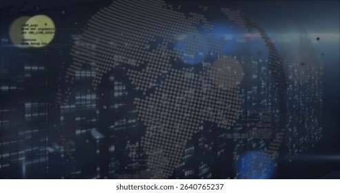 Rotating 3D globe displaying dotted world map in virtual data space, with floating code snippets. Futuristic, digital, technology, innovation, data, networking, abstract - Powered by Shutterstock - Get 15% off with code: PIKWIZARD15