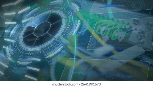 Rotating circular HUD element within virtual grid, with segmented rings and data panels, copy space. Futuristic, technology, interface, digital, virtual, data, cybersecurity