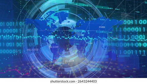 Rotating digital globe projecting data overlays in holographic UI, with scanning rings and markers. Technology, data, visualization, holographic, interface, analytics, network