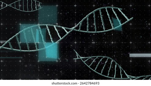 Rotating DNA double helix in data scene with plus-sign grid, teal rectangles, bars and speckles. Biotechnology, molecular, futuristic, scientific, innovation, data visualization, abstract