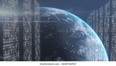 Rotating Earth globe floating in futuristic data interface with translucent binary code panels. Global, technology, cyber, innovation, sci-fi, digital, interface