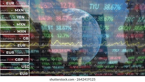 Rotating Earth globe showing currency pairs and tickers with line chart over virtual financial data. Global, finance, technology, data visualization, investment, analysis, digital