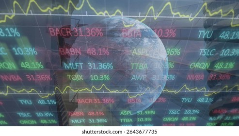 Rotating Earth globe showing stock tickers and charts in virtual market, with skyscraper silhouette. Futuristic, global, financial, technology, data visualization, digital, corporate