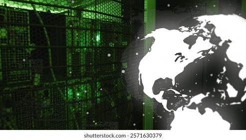 Rotating globe and data processing image over green and black background. Technology, innovation, digital, futuristic, information - Powered by Shutterstock - Get 15% off with code: PIKWIZARD15
