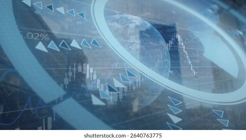 Rotating globe displaying candlestick, line and percent charts, arrow icons and rings in data grid. Futuristic, data visualization, globe, financial analytics, digital environment, technology, graph