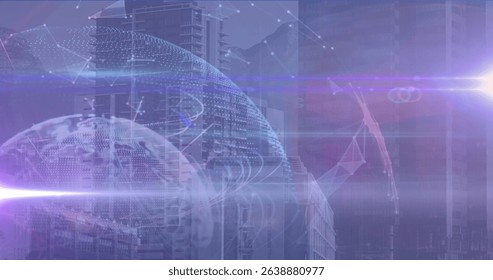 Rotating holographic globe overlaying futuristic city skyline with glowing nodes and linked lines. Technology, innovation, digital, cyber, modernity, connectivity, network