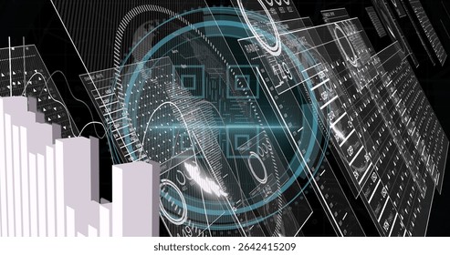 Rotating holographic HUD overlay scanning panels and projecting 3D bar chart in virtual data hub. Futuristic, technology, immersive, analytics, digital, interface, visualization - Powered by Shutterstock - Get 15% off with code: PIKWIZARD15