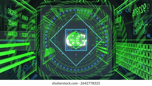 Rotating loading indicator framing diamond interface in command console, streaming numeric panels. Futuristic, technology, interface, cybernetic, digital, virtual, high-tech