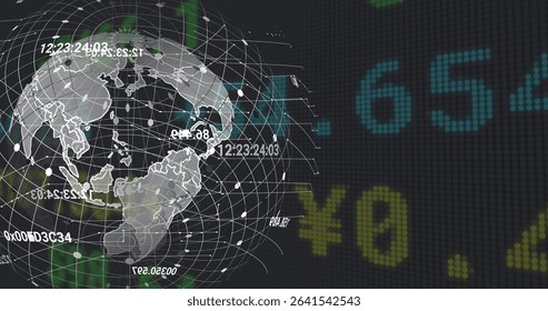 Rotating map-outlined wireframe globe on virtual screen, floating timecodes, hex codes, ¥ values. Futuristic, technology, interface, cyber, digital, data visualization, abstract