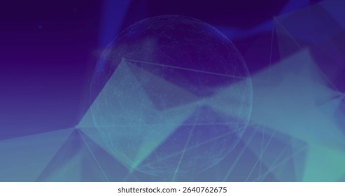 Rotating mesh sphere floating in digital space highlighting dotted network lines and glowing facets. Futuristic, technology, network, abstract, digital, geometric, glowing