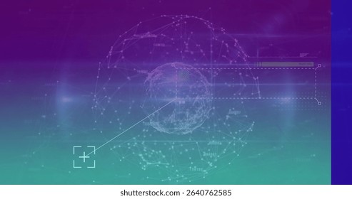 Rotating network sphere in interface, highlighting data segment with target marker, dashed overlays. Technology, digital, futuristic, data visualization, holographic, innovation, networking - Powered by Shutterstock - Get 15% off with code: PIKWIZARD15