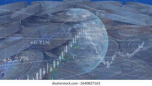 Rotating semi-transparent Earth globe hovering in finance art, with coin piles, candlestick charts. Finance, investment, digital, data visualization, currency, economic, global