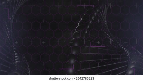 Rotating stylized DNA helix floating in digital interface, with hexagonal grid and purple markers. Futuristic, abstract, data visualization, technology, digital art, cyber, science