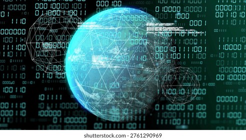 Rotating stylized globe with wireframe mesh in virtual data visualization, streaming binary code. World, sphere, spinning, abstract, lattice, cyberspace, network - Powered by Shutterstock - Get 15% off with code: PIKWIZARD15