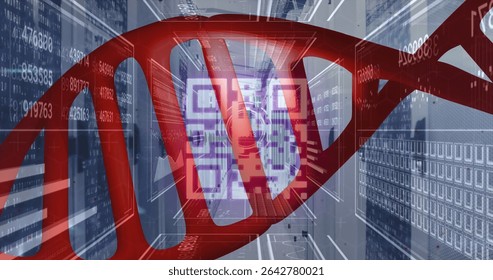 Rotating stylized red DNA double helix within futuristic server rack corridor, with QR code graphic. Biotech, digital, innovation, technology, cybersecurity, data, futuristic - Powered by Shutterstock - Get 15% off with code: PIKWIZARD15