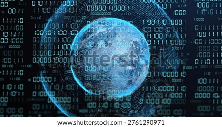 Rotating translucent blue globe orbiting digital space, streaming binary digits, wire arcs, nodes. Cyberspace, holographic, dataflow, matrix, neon, aqua, network