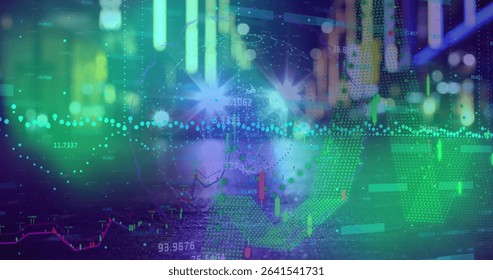 Rotating translucent globe showing candlestick bars and line graphs in data hub, with data overlay. Analytics, technology, innovation, visualization, digital, futuristic, business