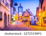 Rothenburg ob der Tauber, Bavaria, Germany. Beautiful postcard view of Ploenlein with Siebers Tower and Kobolzell Gate of famous historic town in Franconia.